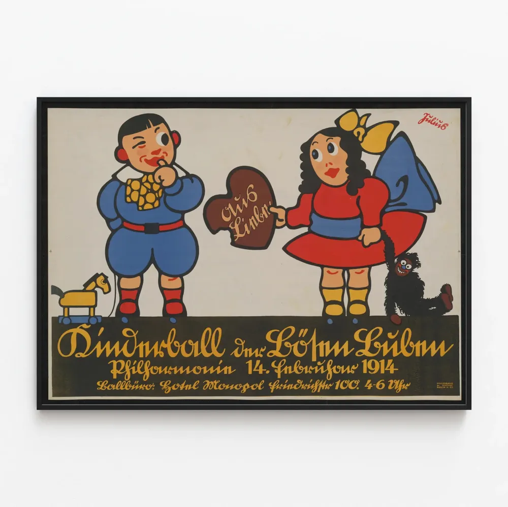 Vintagemainen juliste lastenvärisistä hahmoista ja Kinderballista