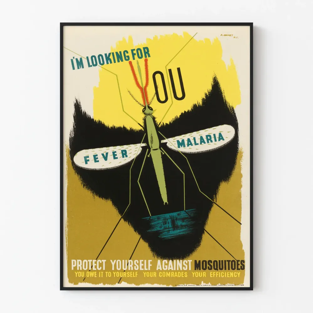 Vintagemainen juliste malariaa ja hyönteisiä vastaan