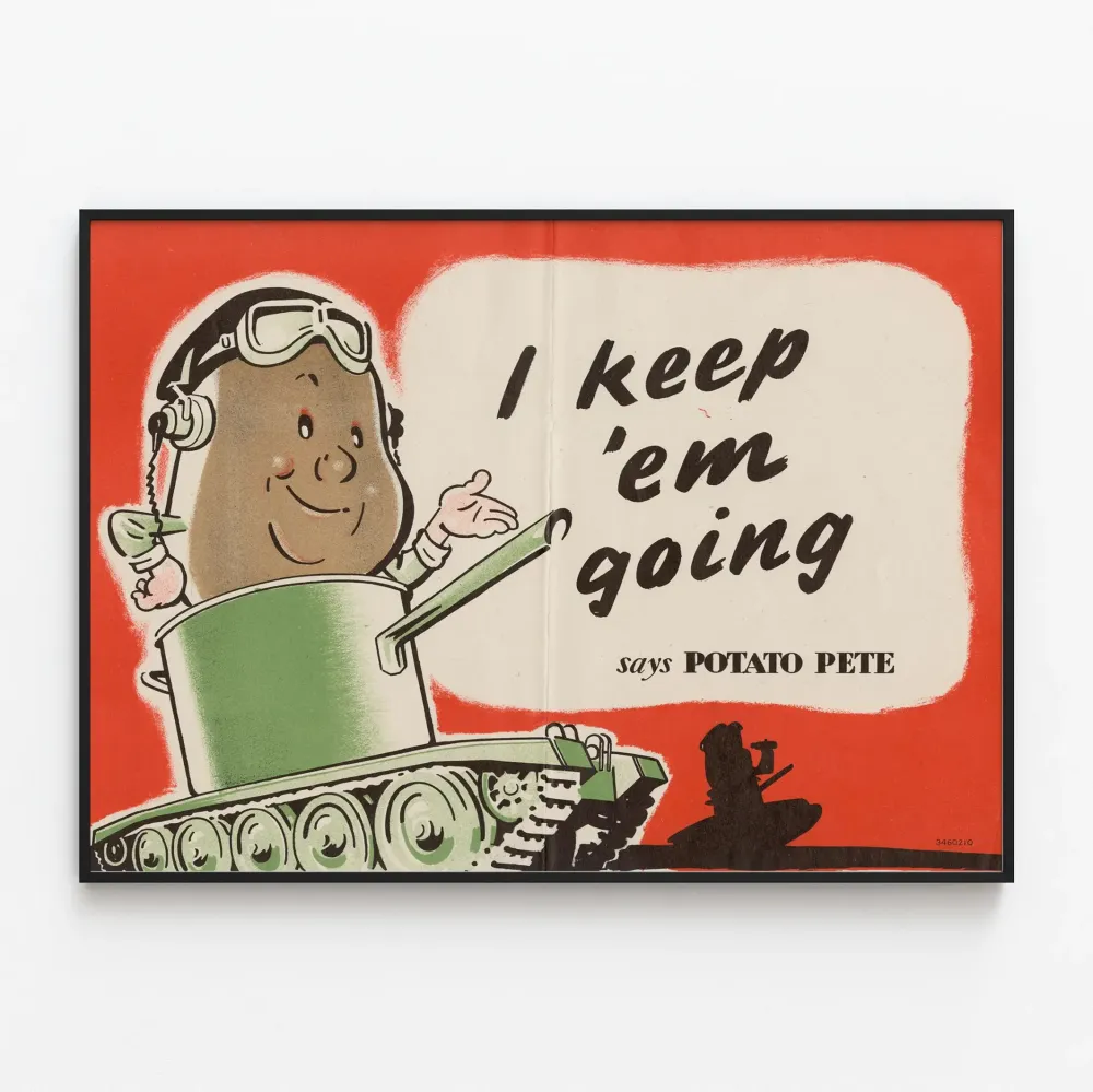 Vintagemainen juliste Potato Pete säiliössä - humoristinen seinäkoristelu