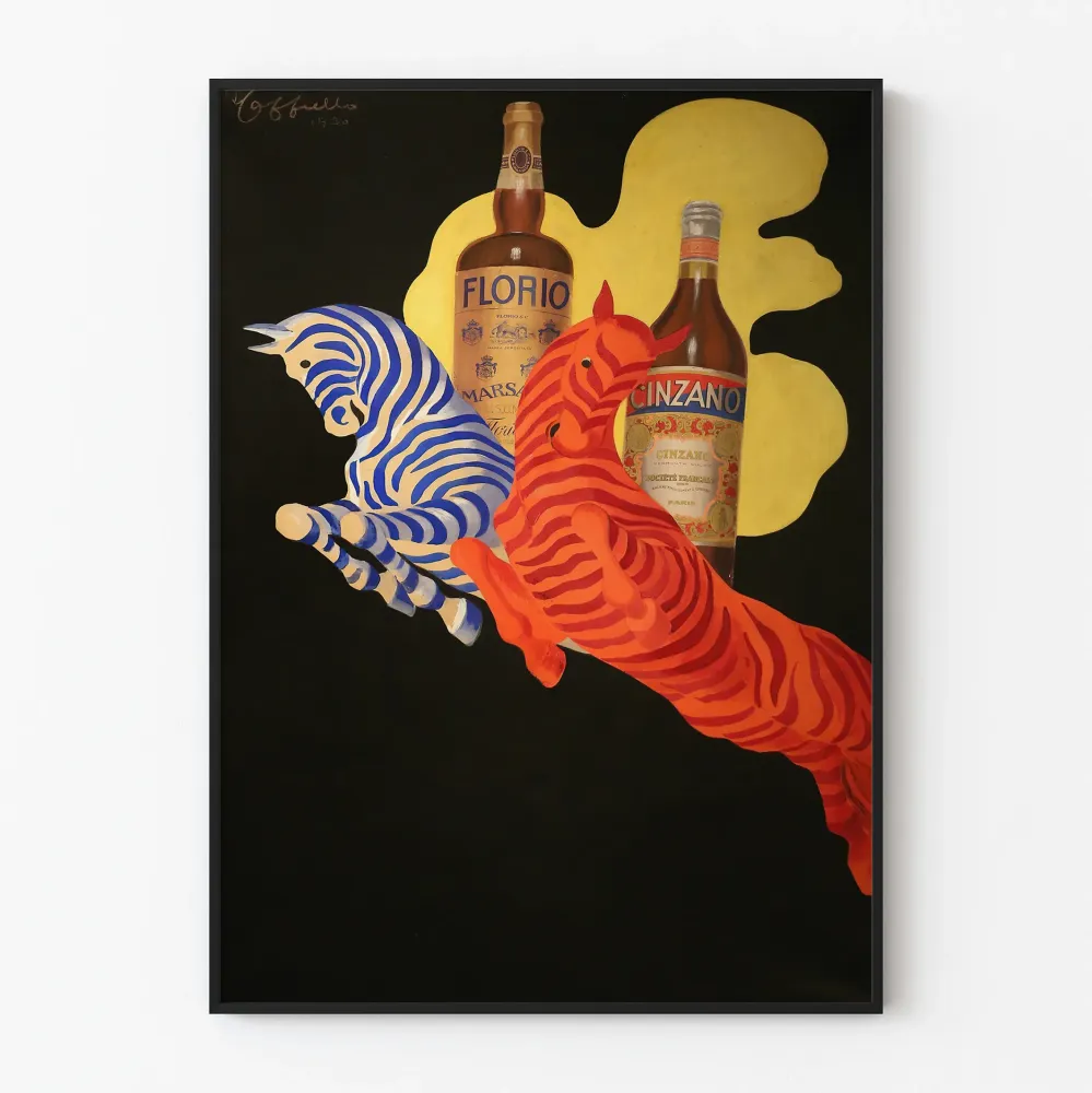 Vintagemainen koristejuliste Florio ja Cinzano värikkäillä hevosilla