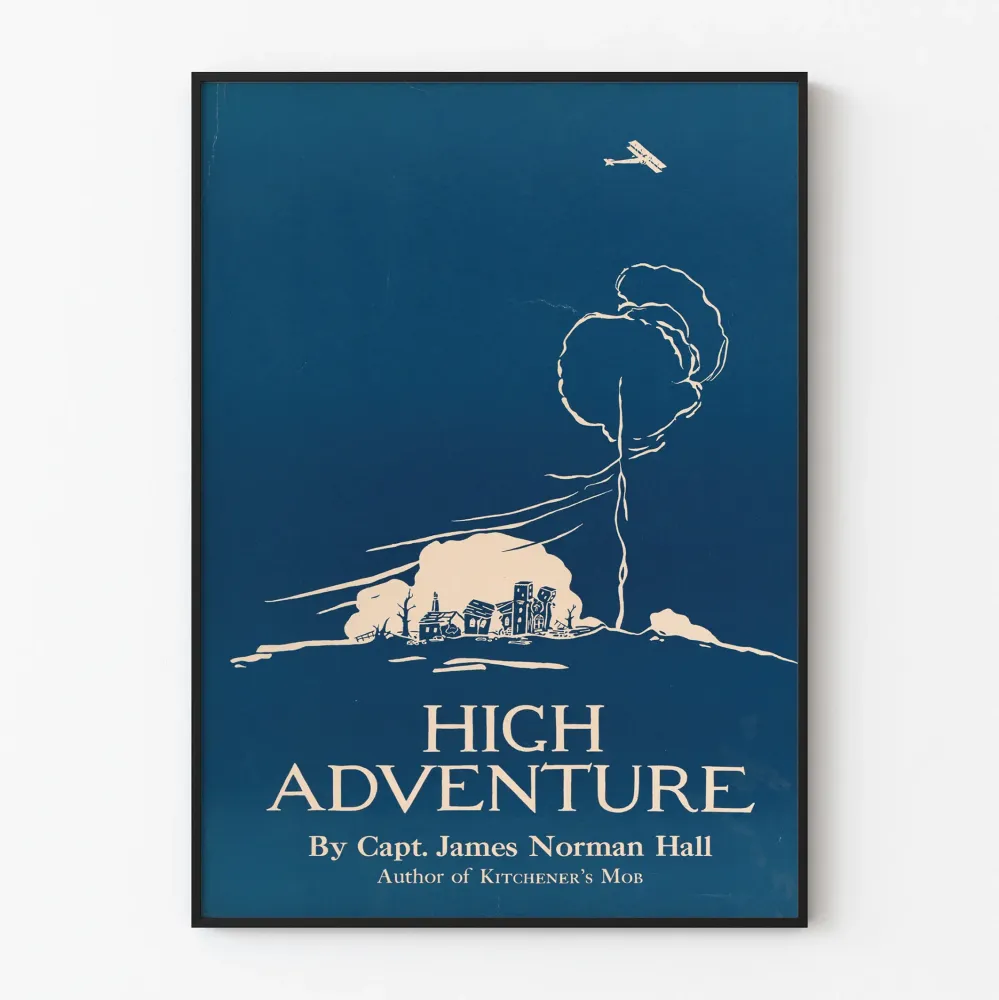 Vintagemainen koristejuliste High Adventure sinisenä ja valkoisena