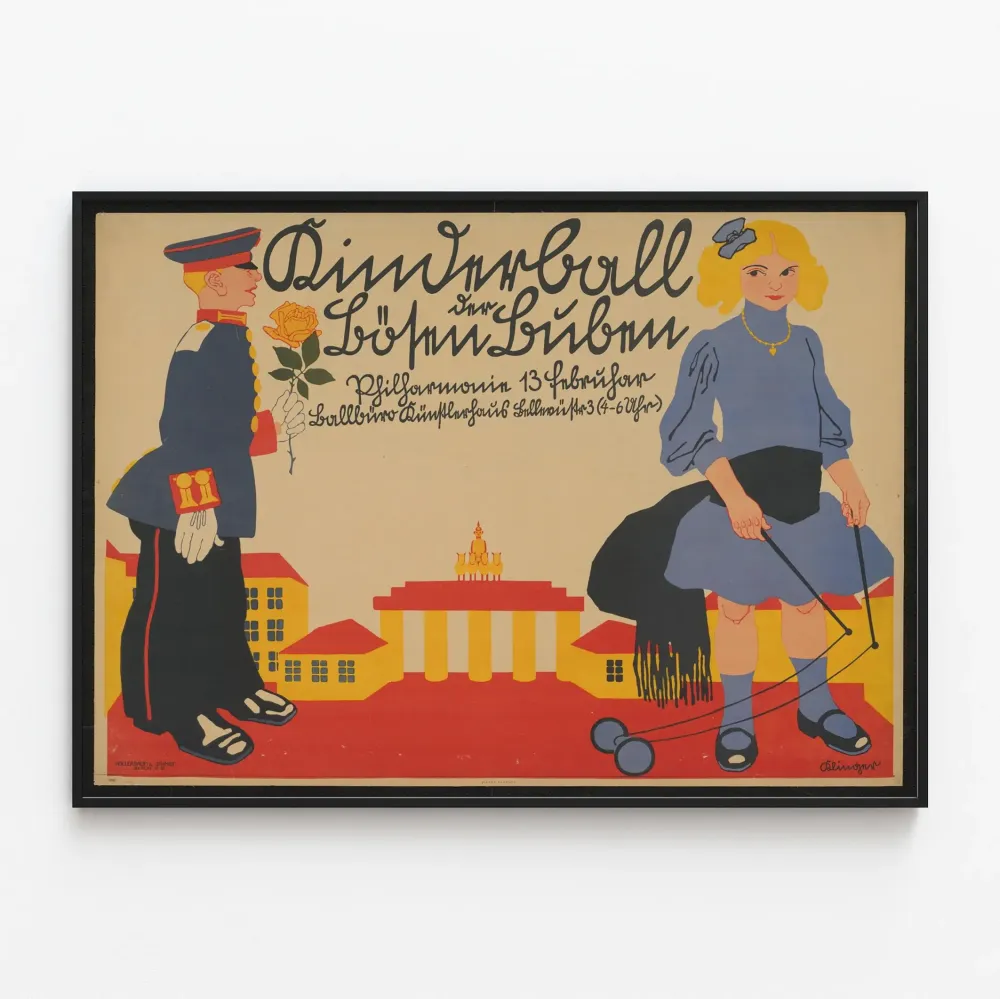 Vintagemainen lasten juliste sotilaspuvussa ja tyttö diabolo kanssa