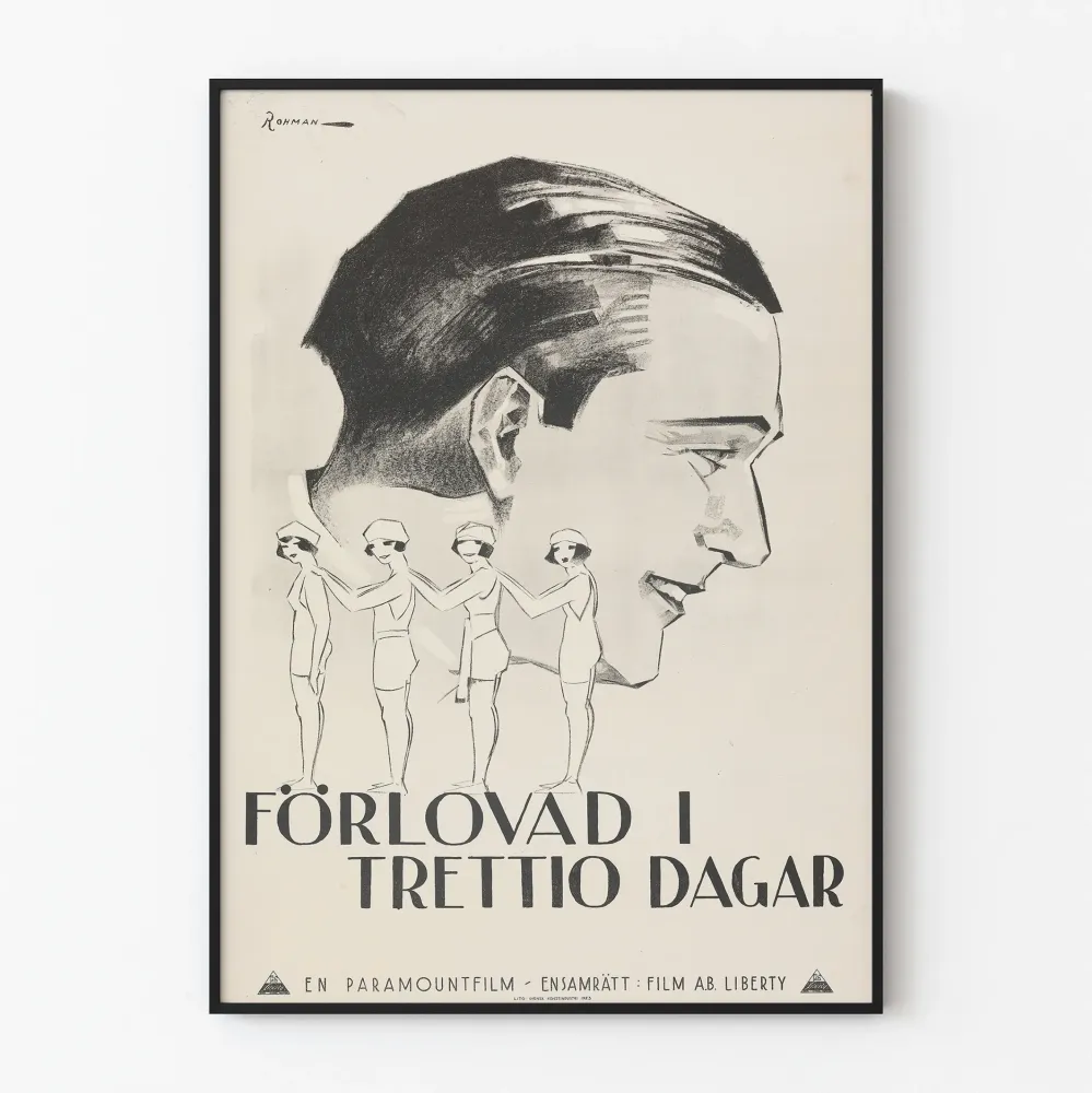 Vintagemainen mustavalkoinen koristejuliste Förlovad i Trettio Dagar