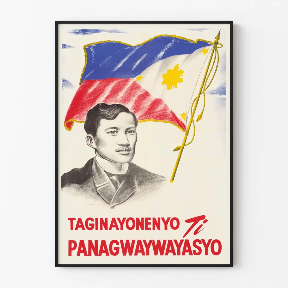 Vintagemainen patriotinen juliste, jossa on muotokuva ja filippiiniläinen lippu