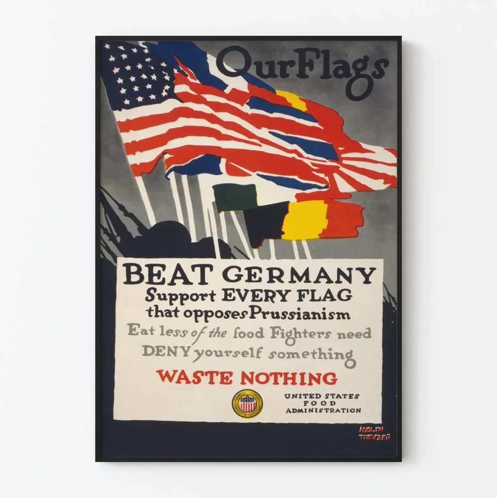 Vintagemainen patriotinen juliste vastustamassa prussilaisuutta – Liittolaisten lippujen tuki