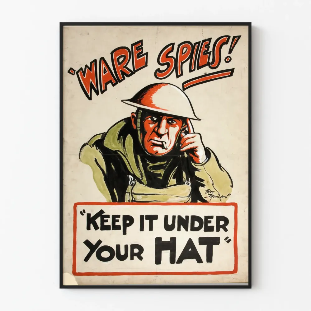Vintagemainen sota juliste 'Ware Spies - Keep It Under Your Hat' seinäkoristeluun