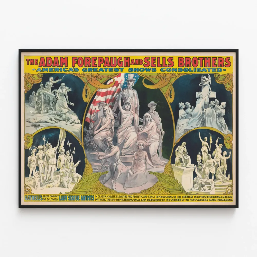 Vintagemainen taidejuliste Adam Forepaugh ja Sells Brothers - veistokset ja klassiset kohtaukset