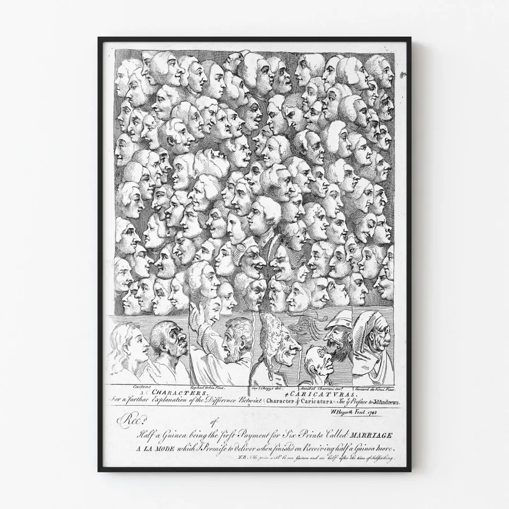 Vintagemainen taiteellinen juliste profiileista ja karikatyyreistä mustavalkoisena