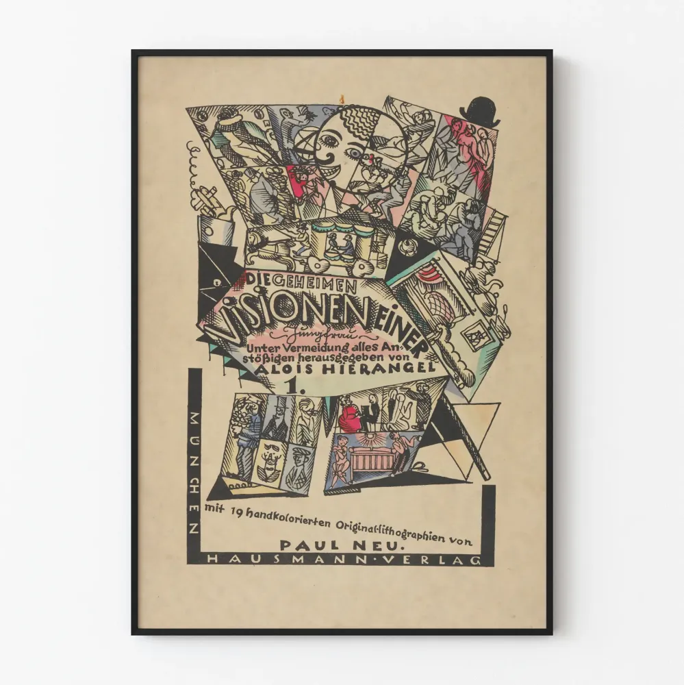 Vintagemainen visionäärinen graafinen juliste värikkäillä kuvioilla