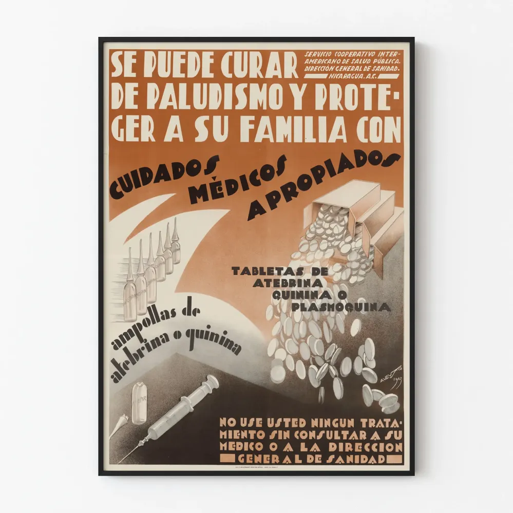 Vintagemainos juliste kansanterveydestä malarian torjunnassa