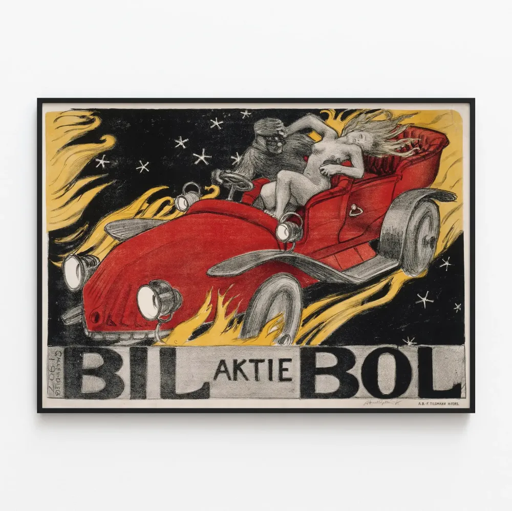 Vintagemainosjuliste Bil Bol punaiselle autolle