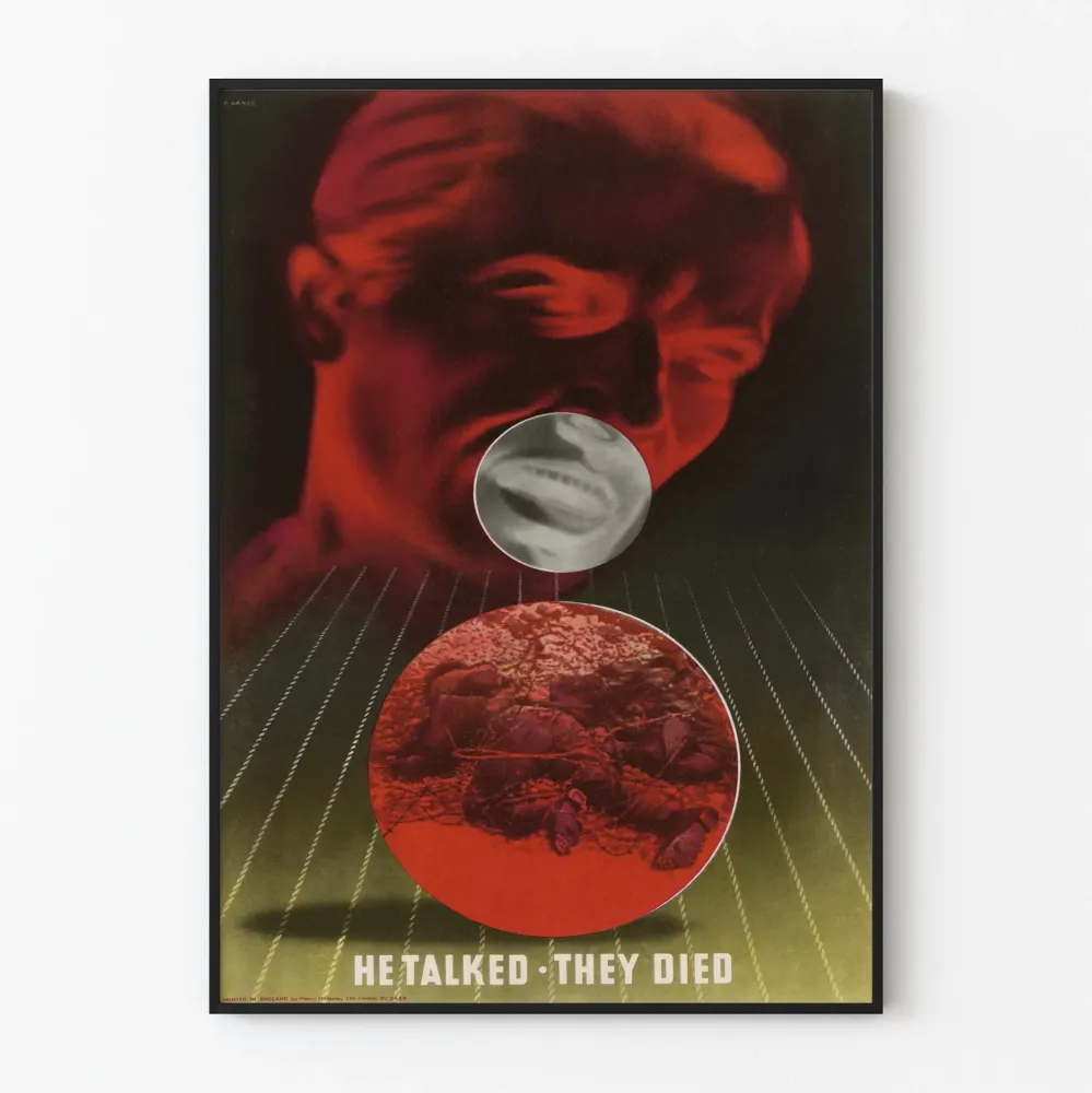 Vintagemainosjuliste 'He Talked They Died' seinäkoristukseen