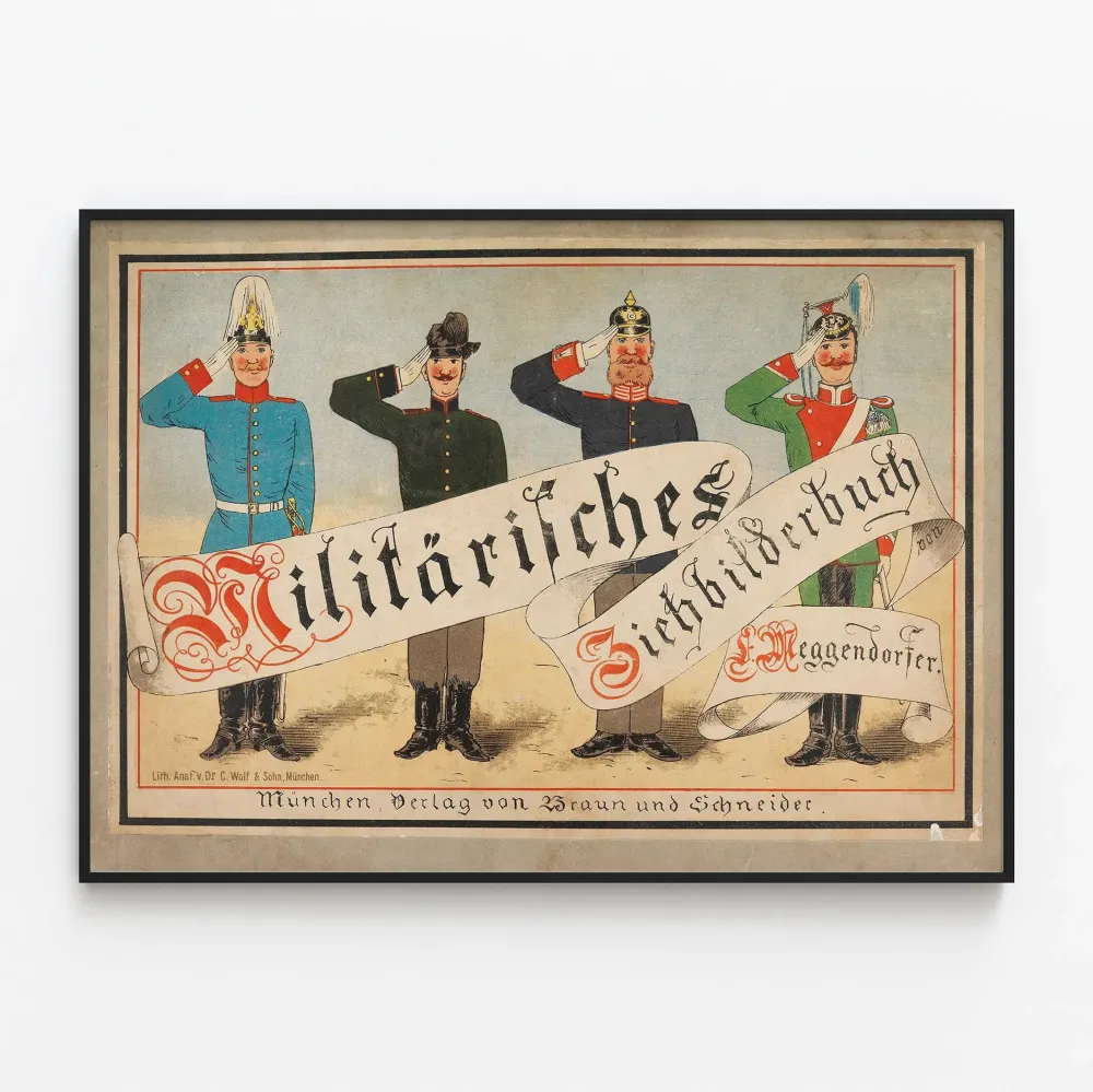 Vintagemilitaarinen juliste aikakauden univormupukuisista sotilaista