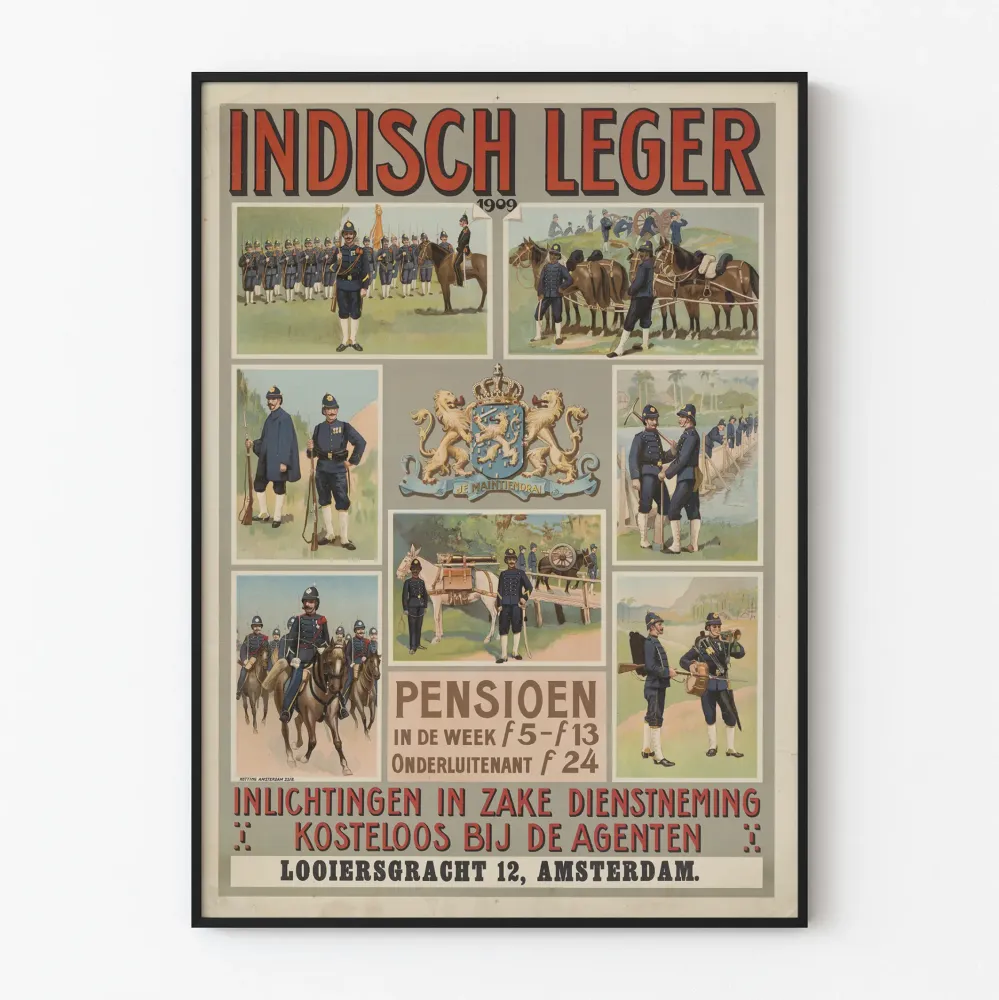 Vintagemilitaarinen juliste Indisch Leger 1909 seinäkoriste