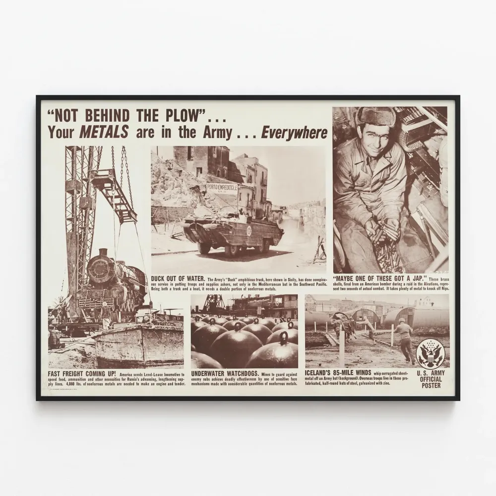 Vintagemilitaarinen juliste 'Not Behind Plow' - Historiallinen seinäkoristelu
