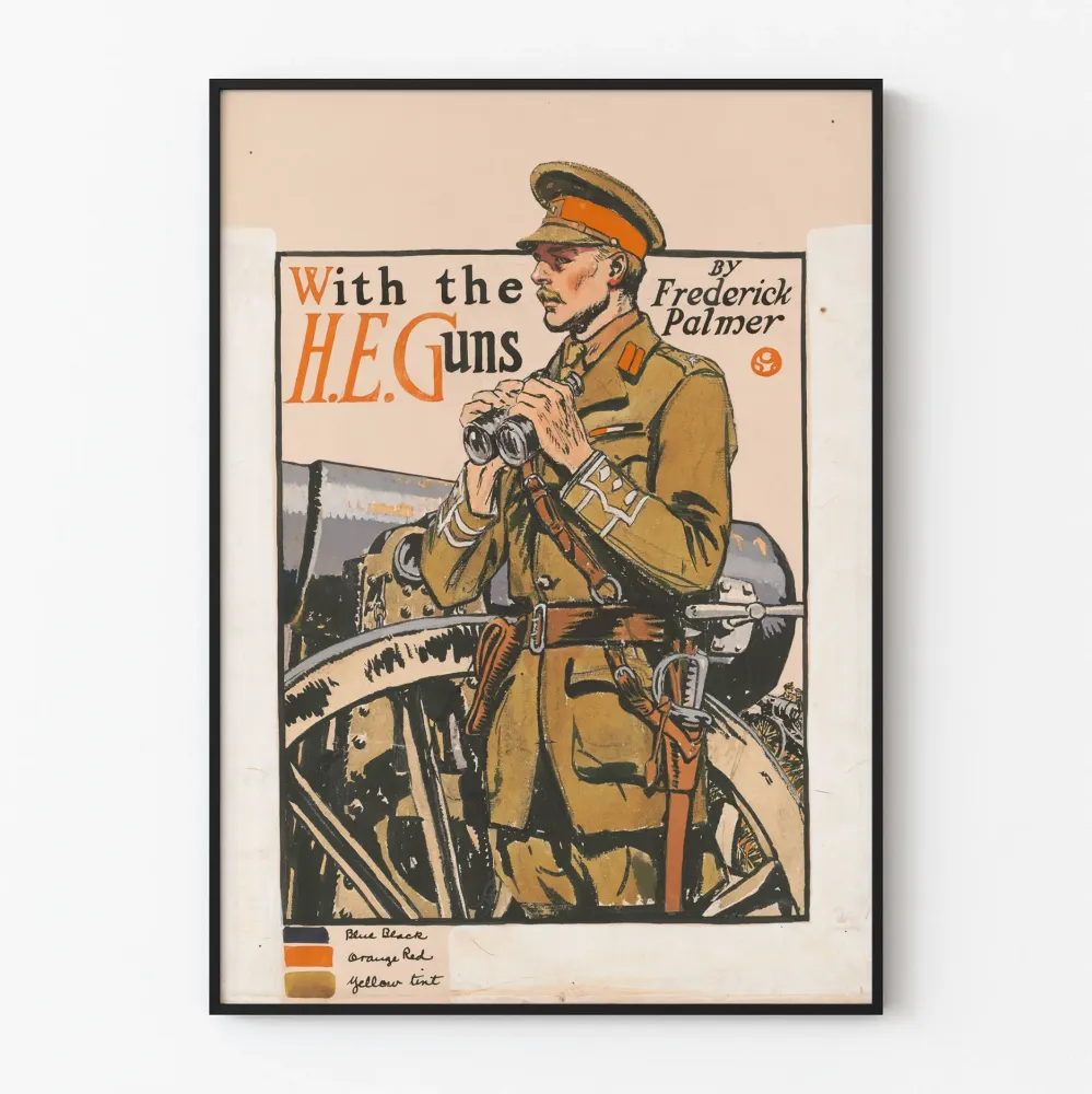 Vintagemilitaarinen juliste upseerin ja tykistöjen kanssa