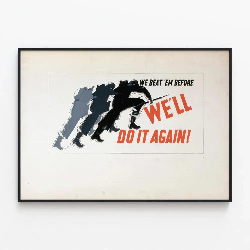 Vintagemilitaarinen propagandajuliste We Beat 'Em Before