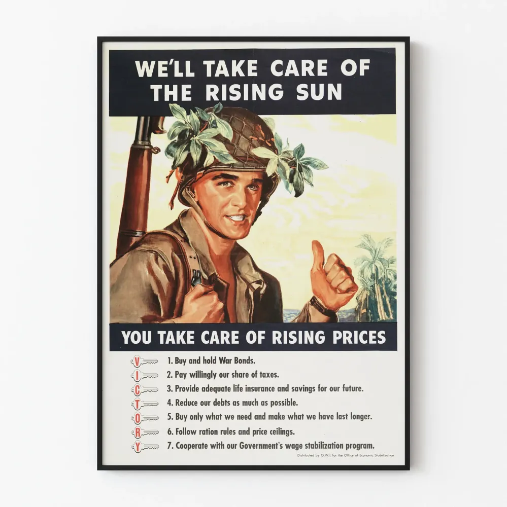Vintagemilitaarinen propagandajuliste, jossa sotilas ja kannustava teksti