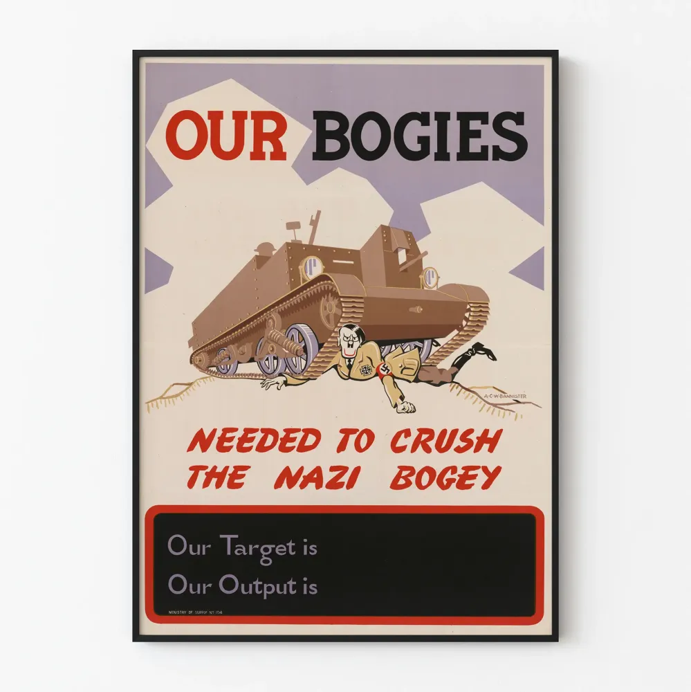 Vintagemilitaarinen propagandajuliste "Meidän Bogiemme täytyi murskata natsi-Bogey"