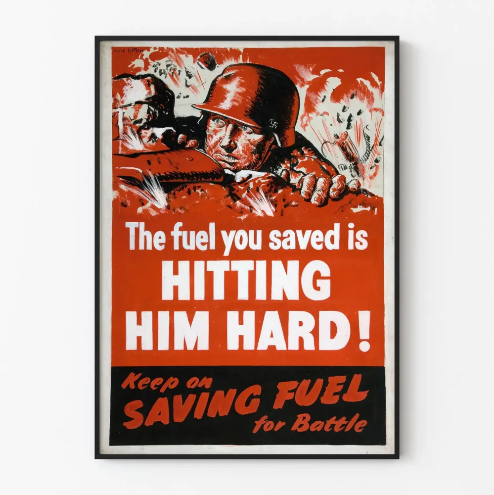Vintagemilitaarinen propagandajuliste « Polttoaine, jonka säästit, iskee häntä kovaa »