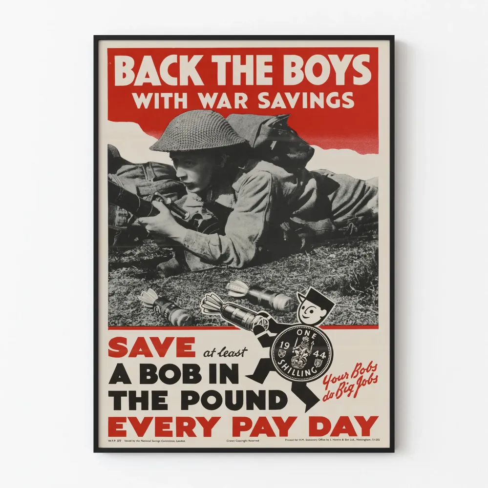 Vintagemilitaarinen propagandajuliste « Tuki poikia sodan säästöillä »