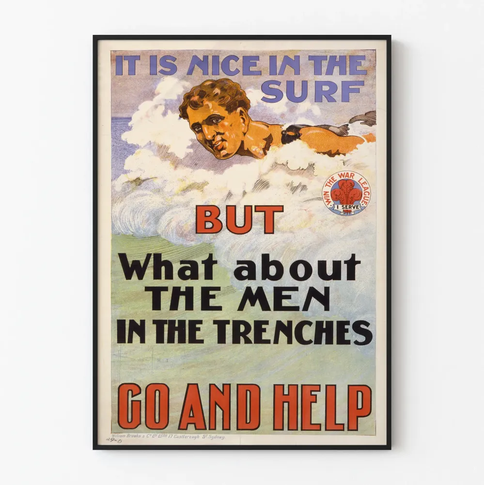 Vintagemilitaarinen propagandajuliste – Tuki sotilaille juoksuhaudoissa