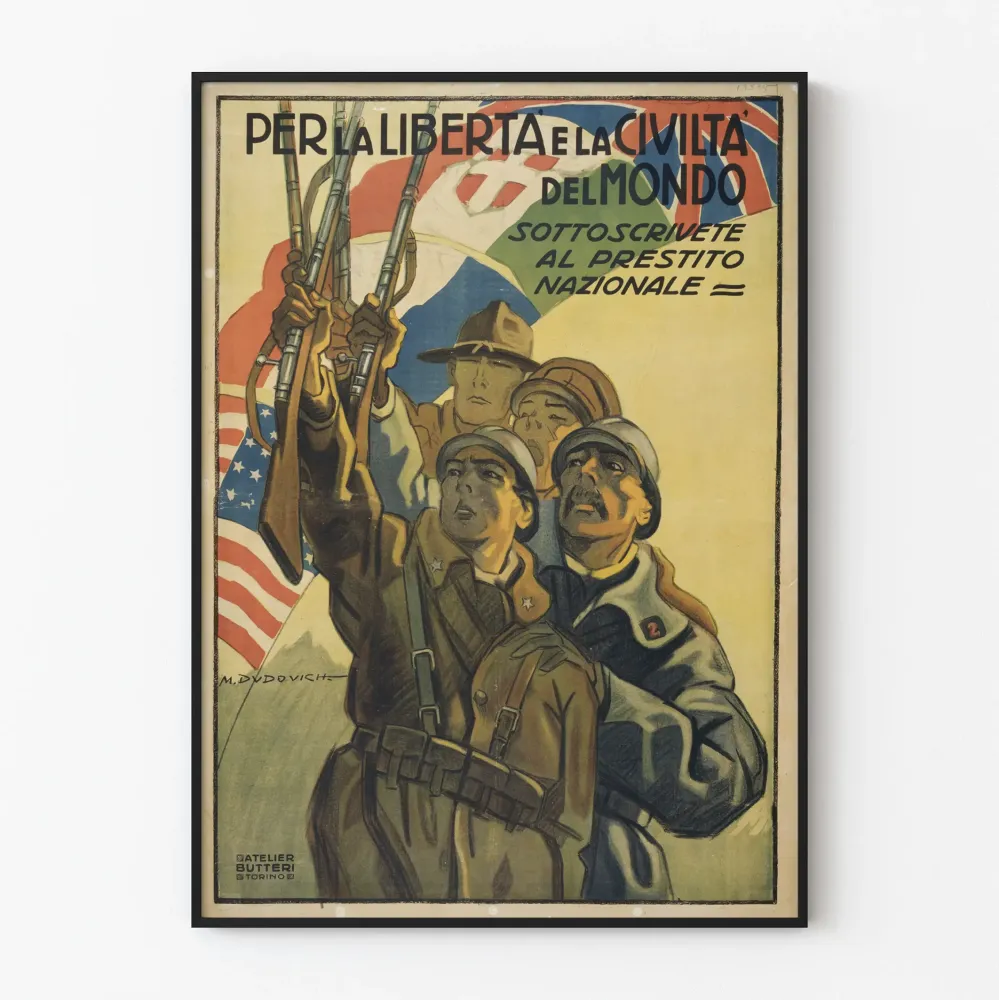 Vintagemilitaarinen propagandajuliste vapauden ja maailman sivistyksen puolesta