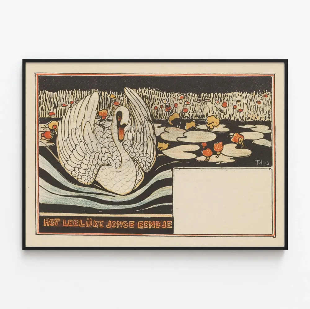 Vintagemäinen koristejuliste Le Cygne sur l'étang fleuri
