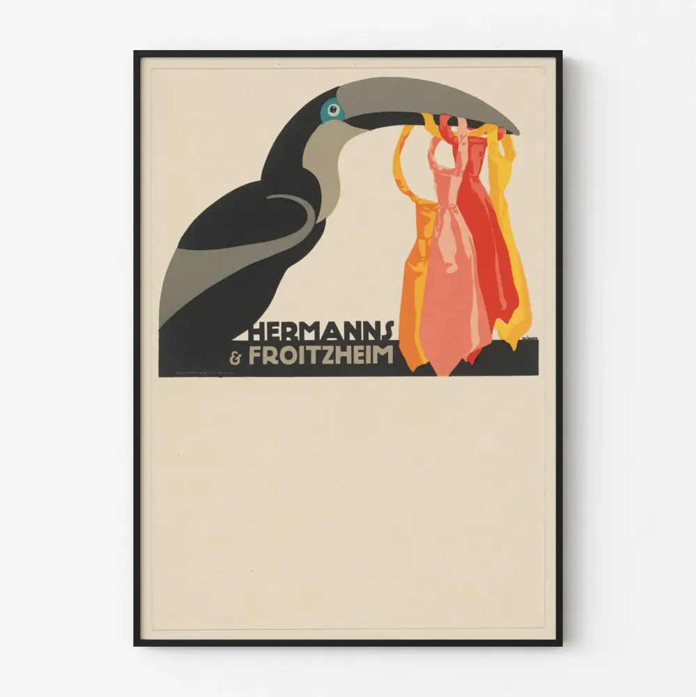Vintagemäinen koristejuliste toucaanilla ja värikkäillä mekoilla