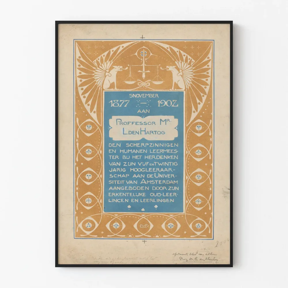 Vintagemuistolehtinen juliste professori L. den Hartogille
