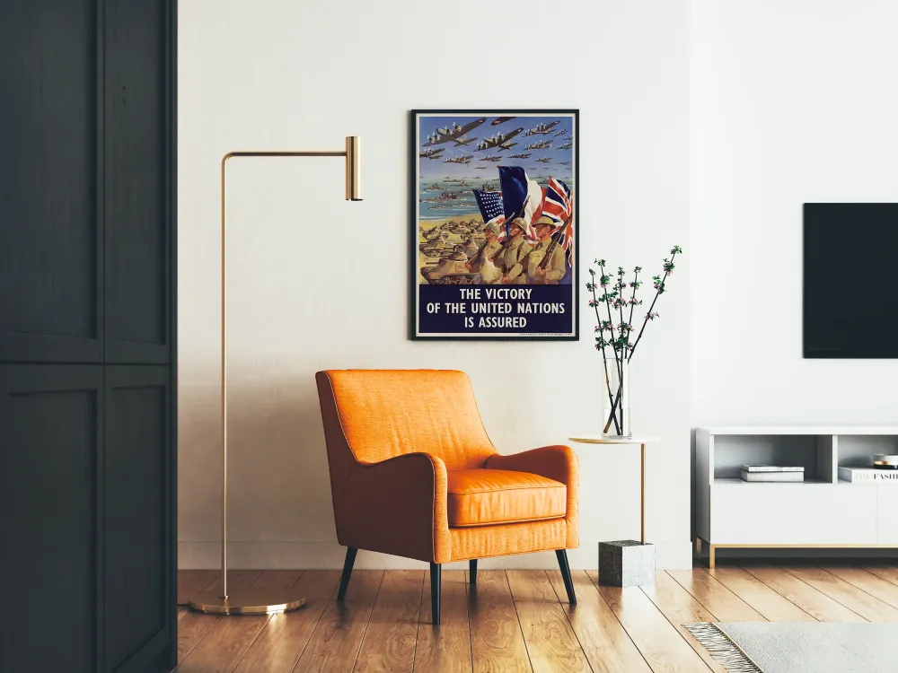Vintage-sotilasteksti 'Yhdistyneiden Kansakuntien voitto on varmistettu'