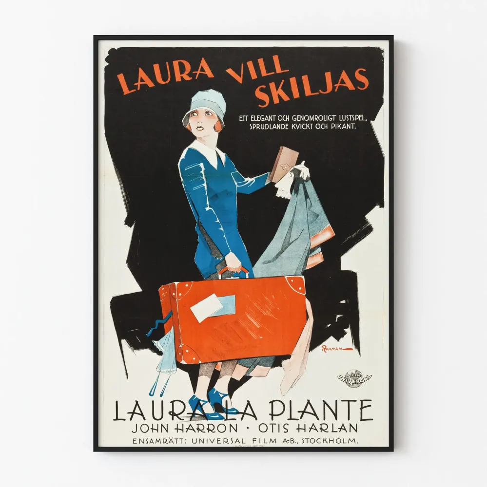 Vintaget Juliste Laura la Plante sinisessä mekossa ja punaisessa matkalaukussa