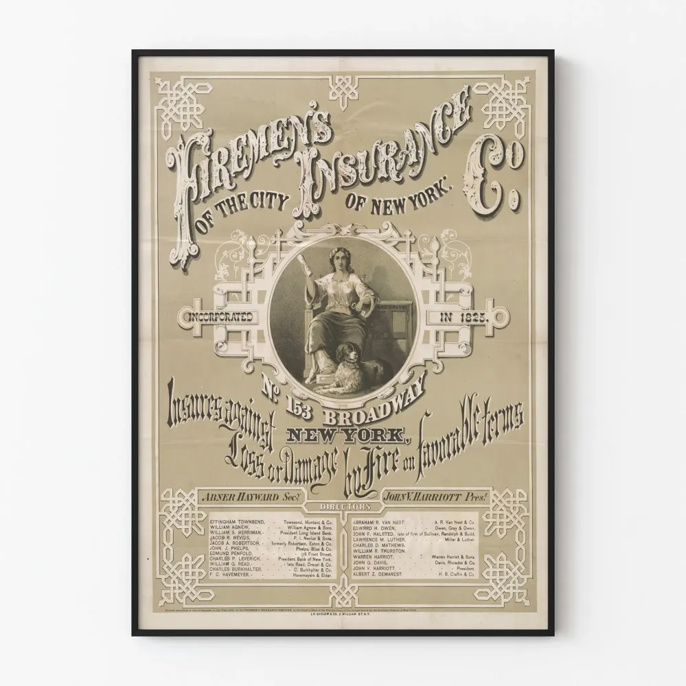 Vintage-tulipalon vakuutusjuliste New York Firemen's Insurance Co.