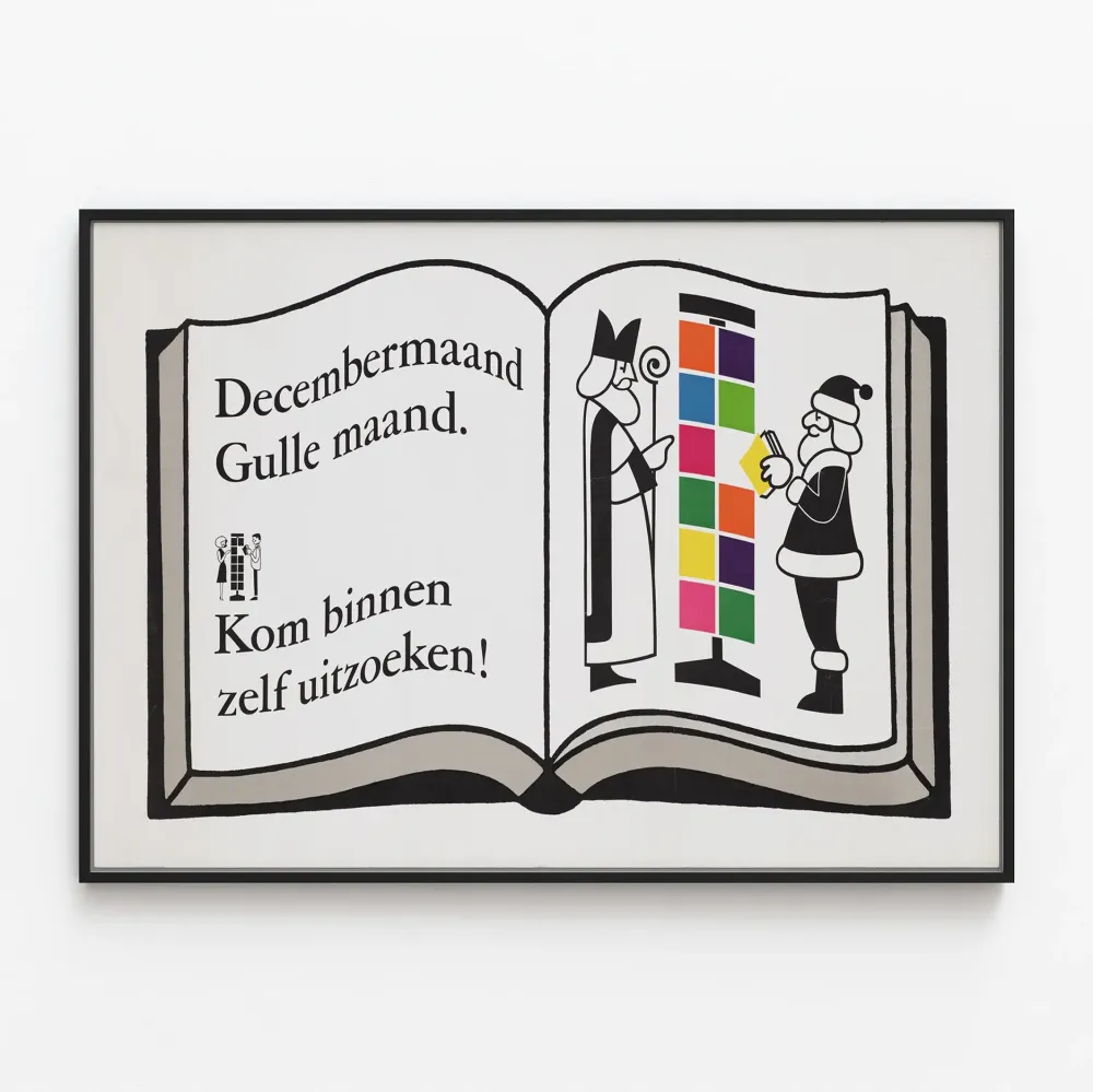 Vintage-tyylinen koristejuliste 'Decembermaand Gulle Maand' avointen kirjan muotoisena