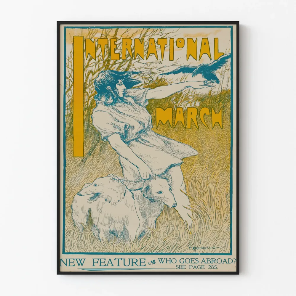 Vintage-tyylinen sisustustuloste International March -juliste naisella, koirilla ja linnulla