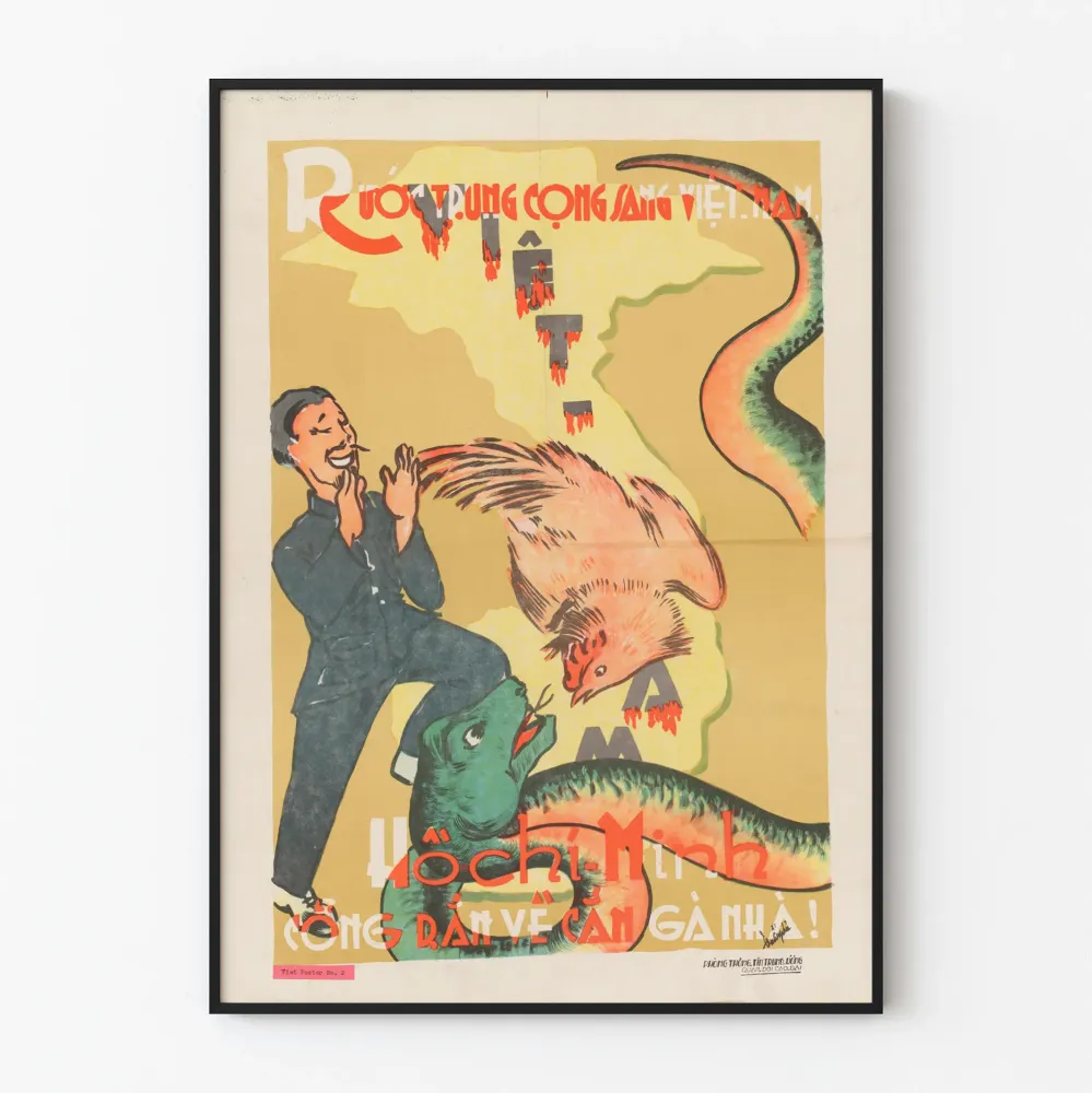 Vintage-vietnamilainen propagandajuliste figuurilla ja symbolisilla eläimillä