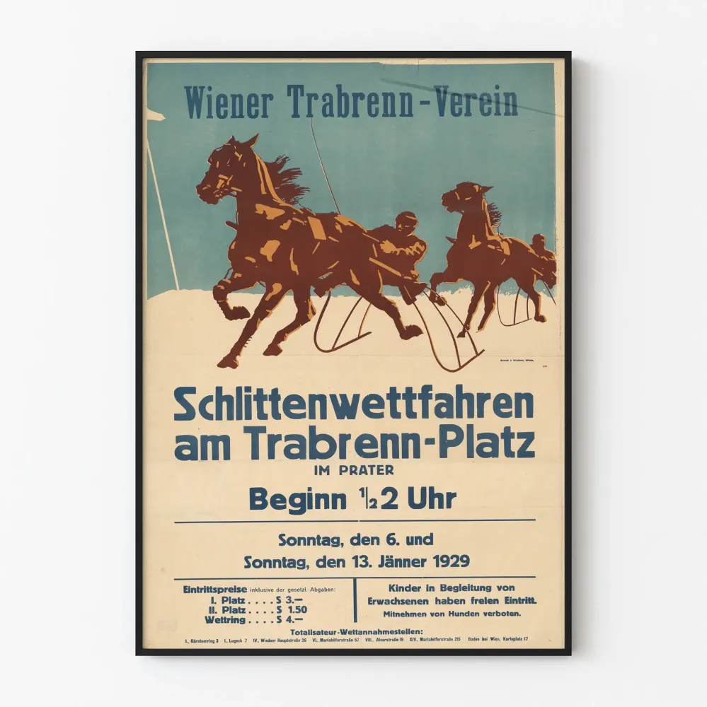 Vuoden 1929 hevosen vetämien rekiajojen vintagejuliste Trabrenn-Platzilta