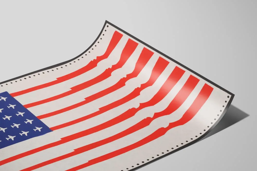 Yhdysvaltain lipun uudelleenmuotoiltu juliste aseista ja lentokoneista